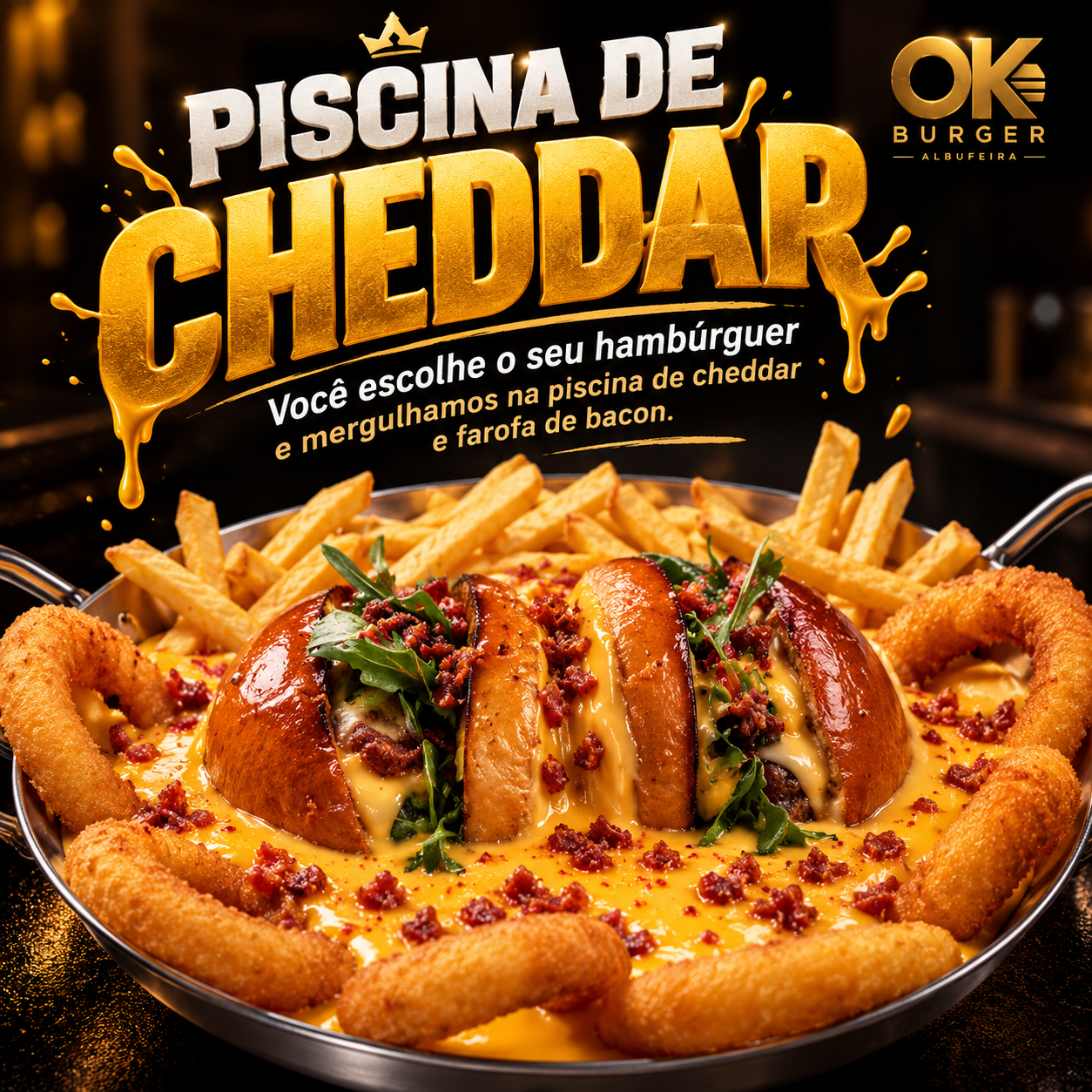 Piscina de cheddar: hambúrguer à escolha com cheddar e farofa de bacon